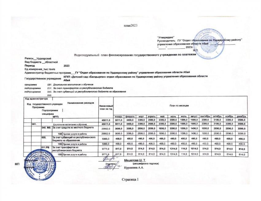 Қаржылық жоспар "Балдырған" балабақшасы 2023 жыл